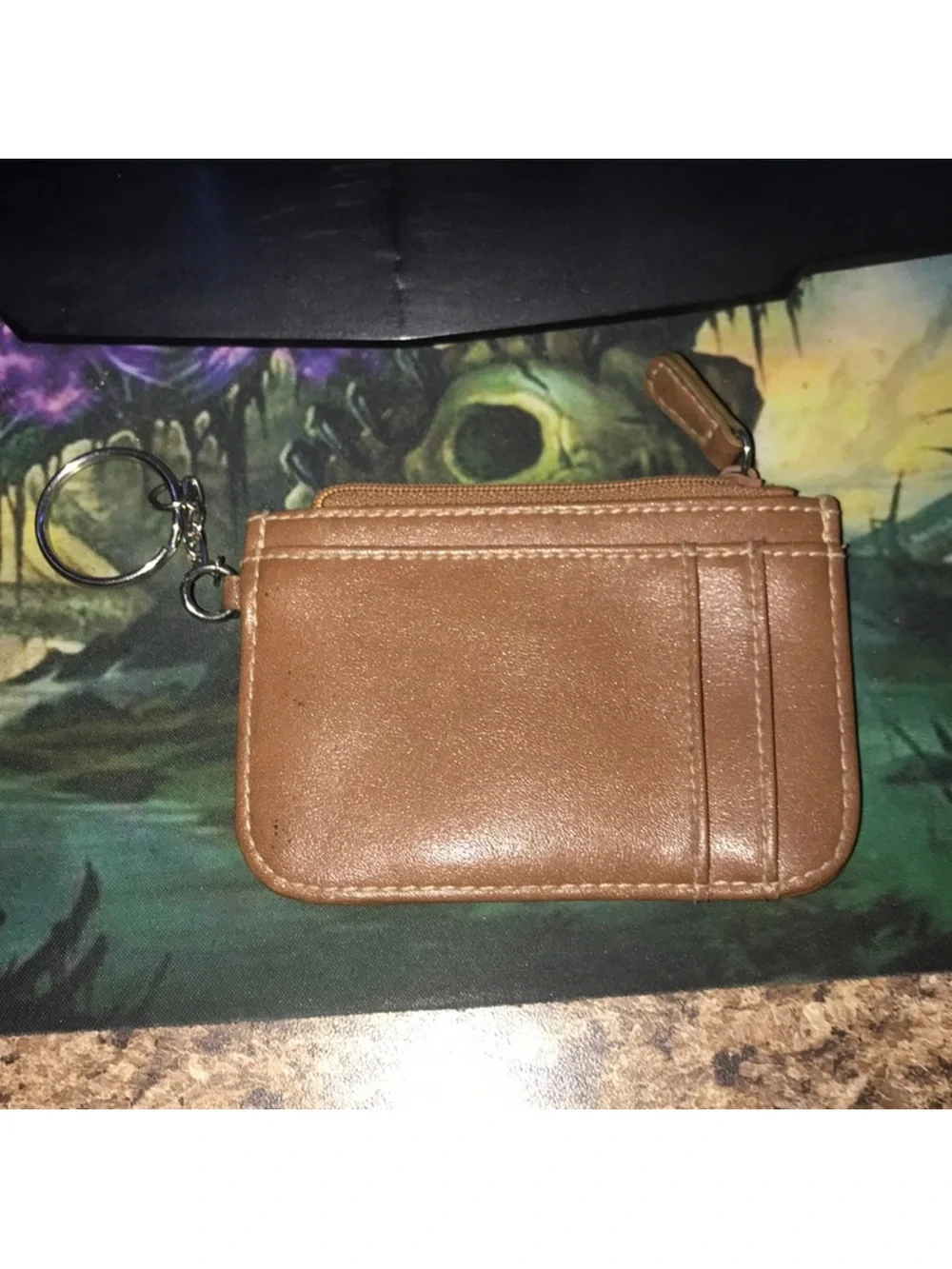 Brown Leather ID Keychain coin Wallet Card Holder